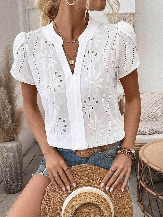 Women's Shirt Pointelle Shirt Eyelet Top Blouse Embroidered