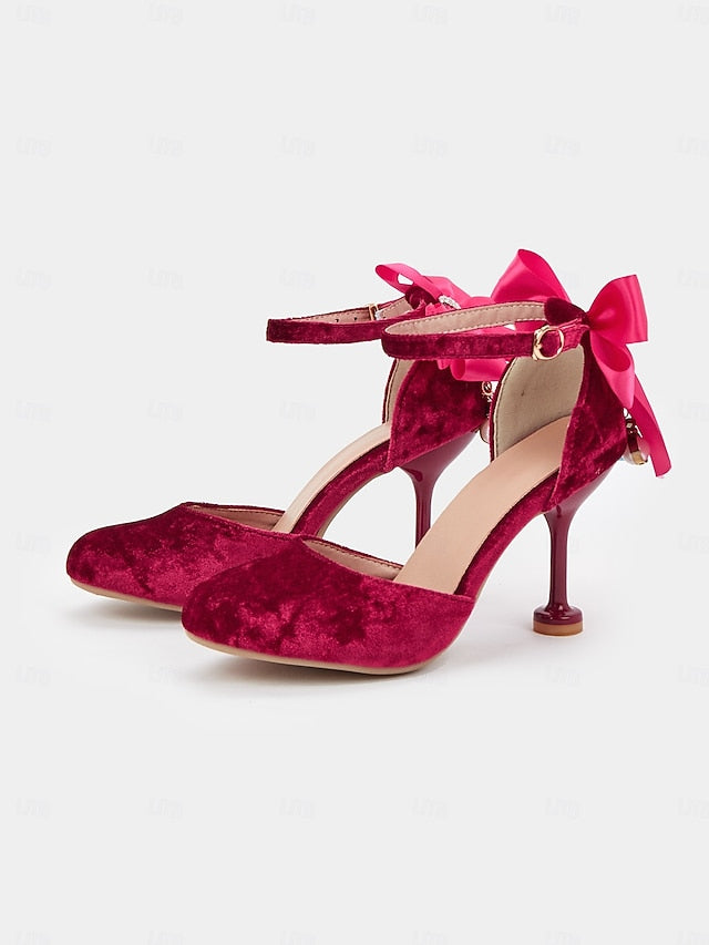 Mary Burgundy Jane Velvet and Big Women's with Heels Bow