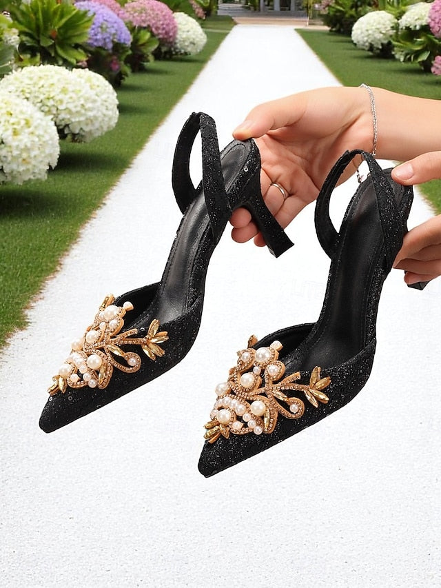 Heels Women's Satin Pearl Black with - Detailing Slingback