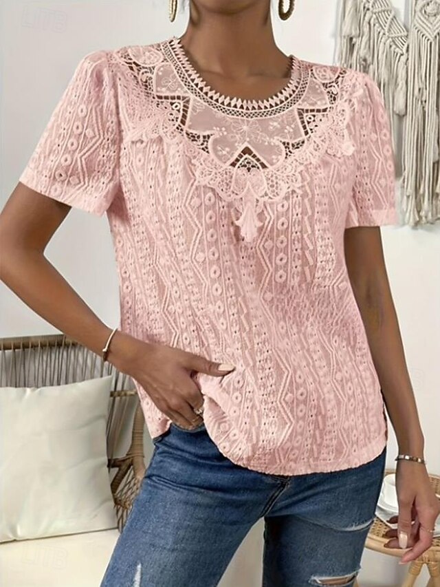 Women's T Shirt Lace Patchwork Plain Fashion Modern Casual
