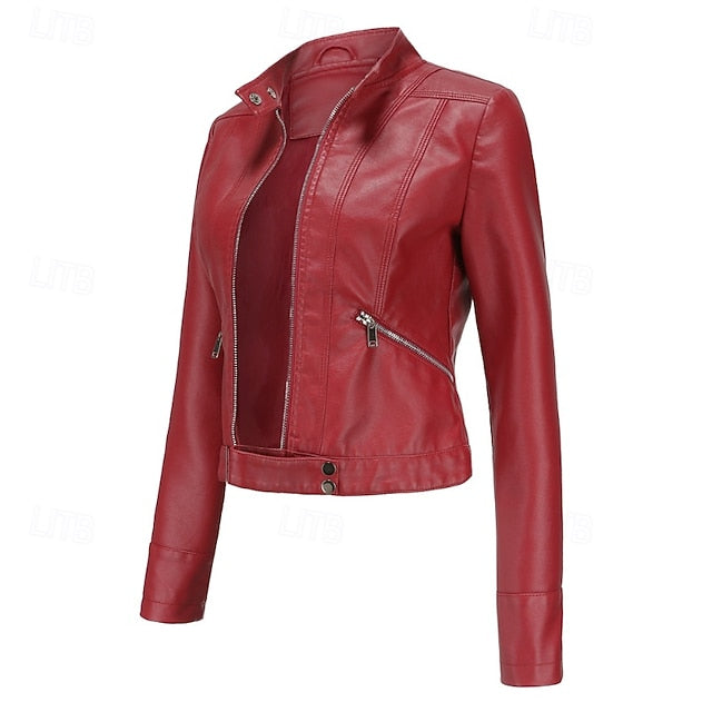Women's Jacket Pocket Faux Zipper Leather Comfortable