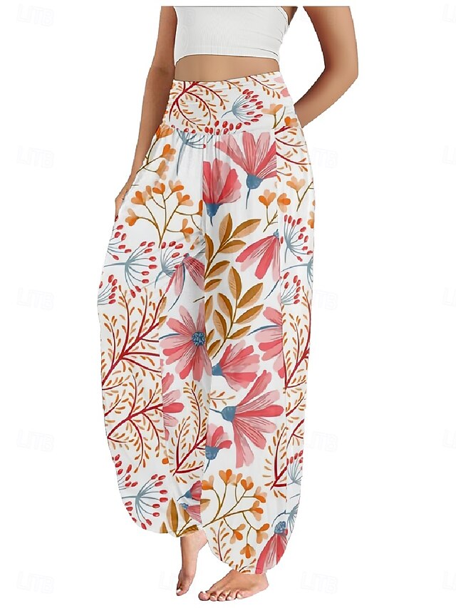 Women's Faux Cotton Linen Wide Leg Pants Trousers Ethnic