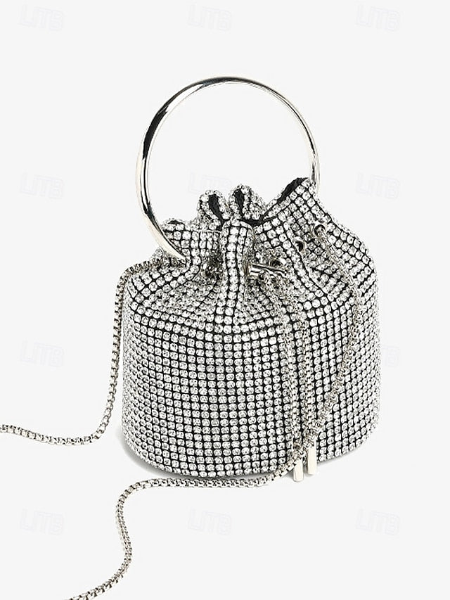Women's Rhinestone Silver Sparkling Bucket with Bag Metal