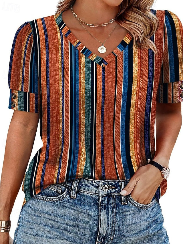 Women's T Shirt Summer Tops Patchwork Buttons Print Solid