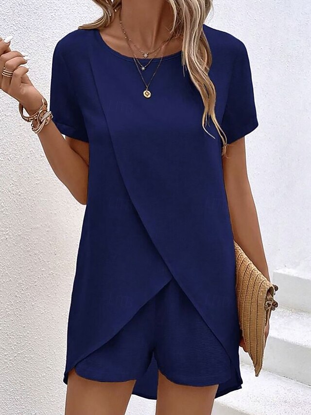 Women's Shorts Sets Short Sleeve Crew Neck Plain Ruched