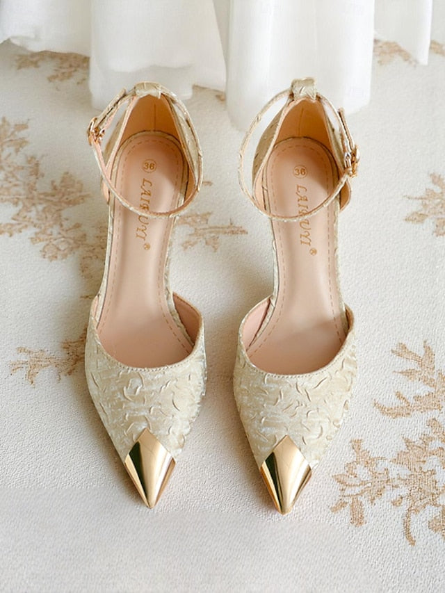 Heels Accents with Pointed and Satin Gold Toe Beige Women's