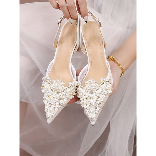 Pearl-Embellished White Heel Slingback Kitten with Pointed-Toe
