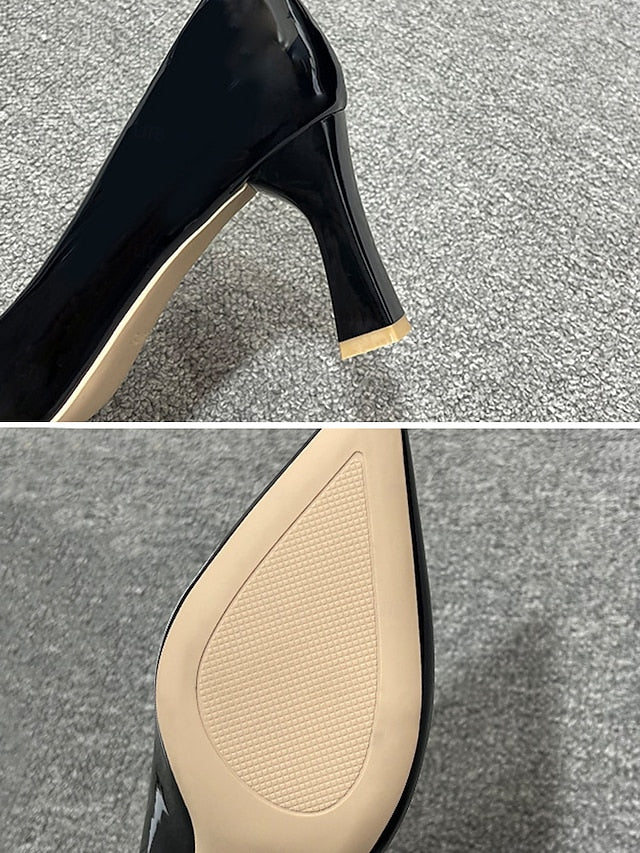 Pointed-Toe Heel Block Leather Patent Pumps Green Faux Glossy