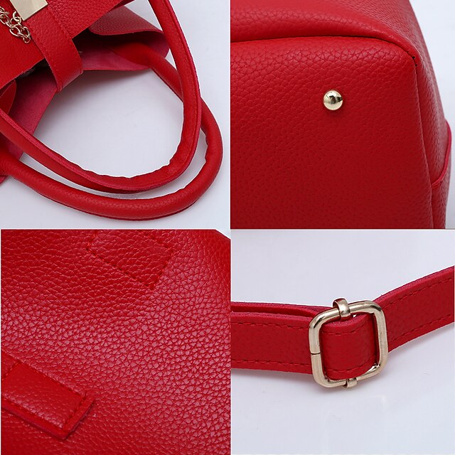 Gold Lock with and Faux Women's Chain Leather Handbag Red