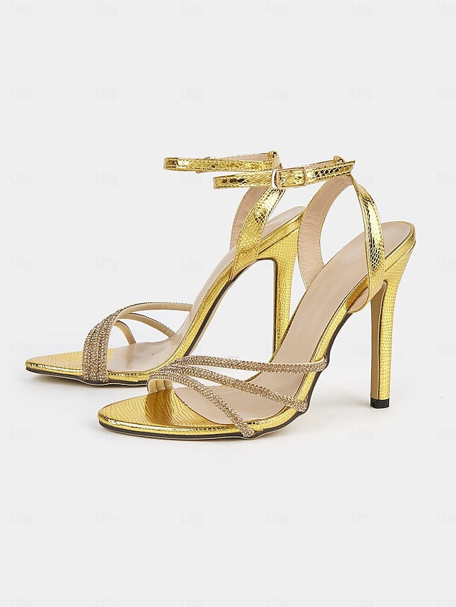 Gold Stiletto Sandals for Women Rhinestone-Embellished Open-Toe