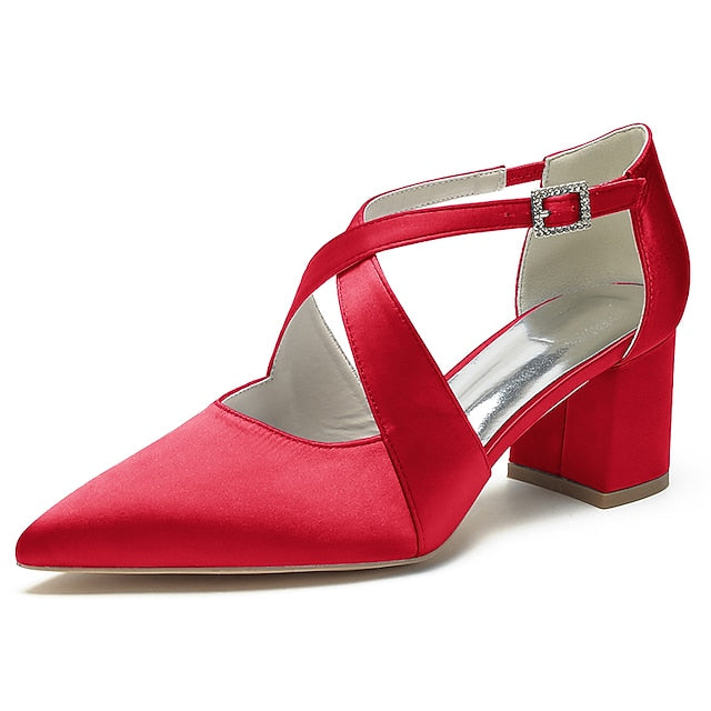 – Elegant White Block Pointed Heels Women's Satin Toe
