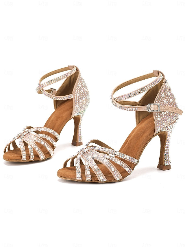 Tan Latin with Rhinestone-Embellished Sandals High Heel Dance