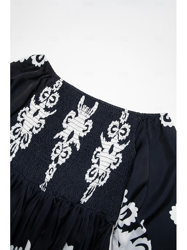 Geometric Print Off Shoulder Midi Satin Dress