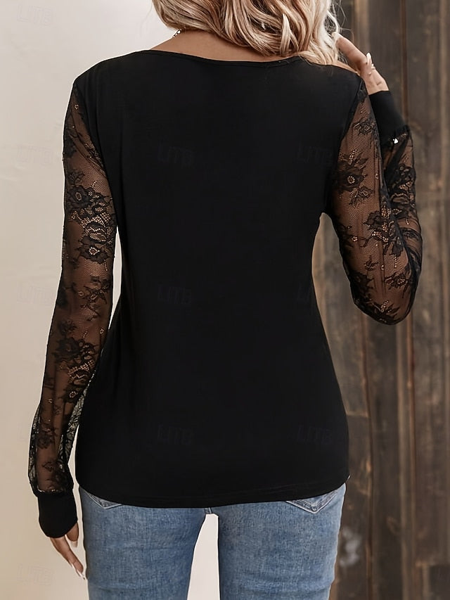 Women's Shirt Blouse Lace Tops Long Sleeve Tops Lace Trim