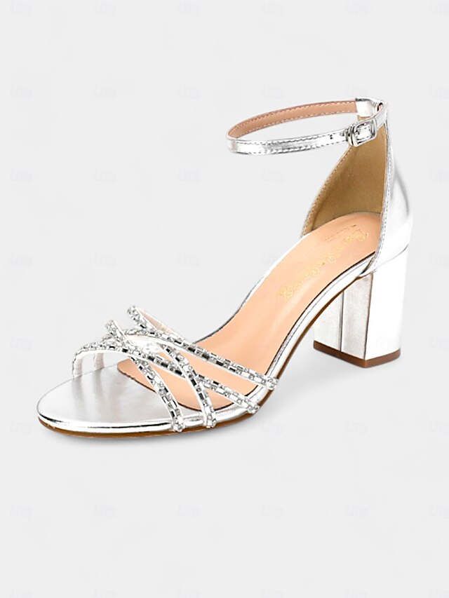 Silver Strappy Metallic Block Sandals with Heel Rhinestone