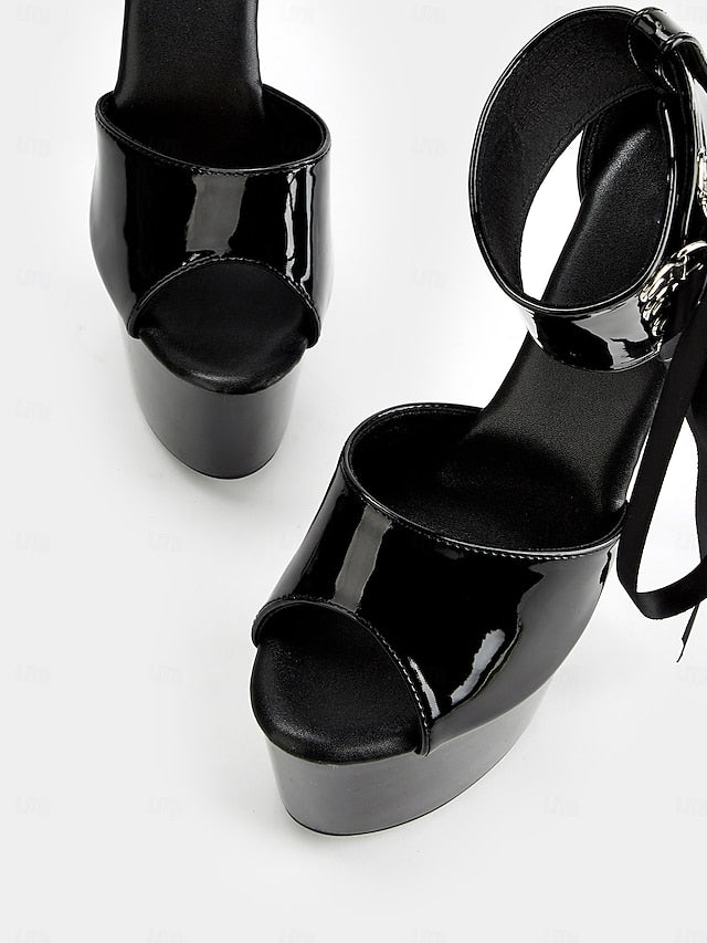 Patent Platform Sandals Lace-Up Black Straps Ankle Leather with