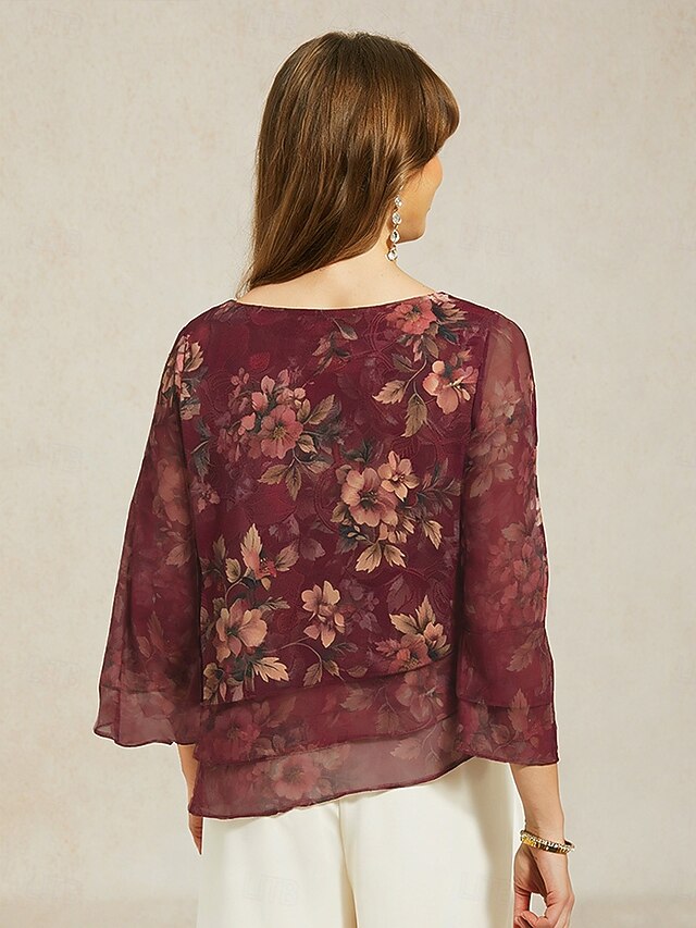 Women's Sheer Blouse Chiffon Tops Lace up Floral Elegant