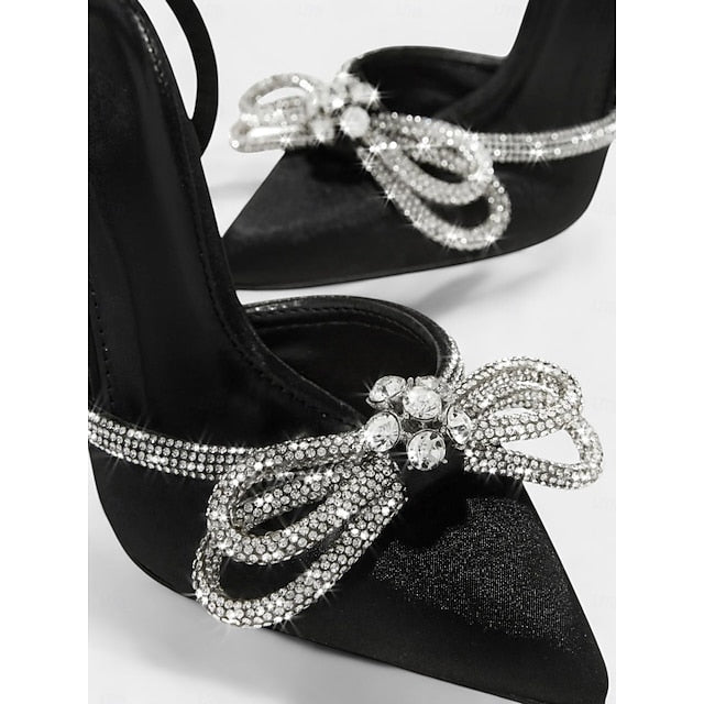 Bow Heels Women's Stiletto Rhinestone Satin and with Black