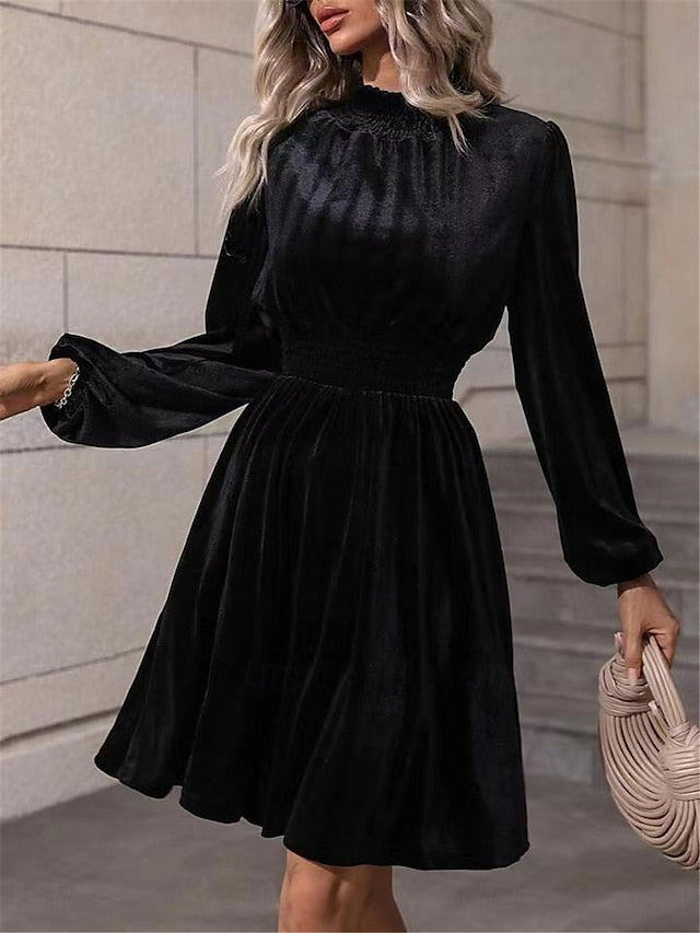 Women's Velvet Dress High Neck Long Sleeve Cinched
