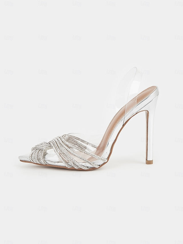 with Sandals Silver Transparent Stiletto Straps – Rhinestone
