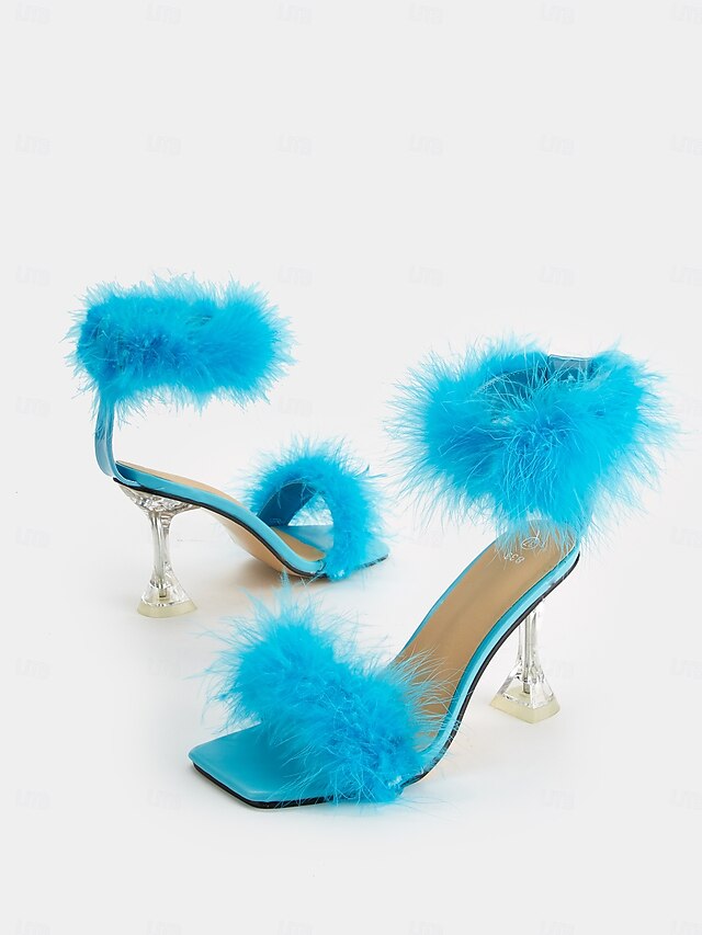 Clear Heel High Feather-Embellished Sandals with Turquoise