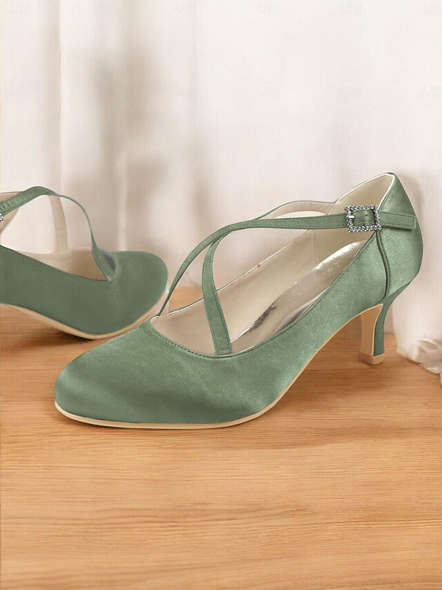 Rhinestone with – Cross-Strap Buckle White Elegant Heels Satin