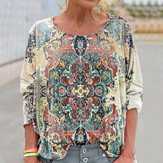 Women's Boho Shirt Blouse Patchwork Print Graphic Vintage