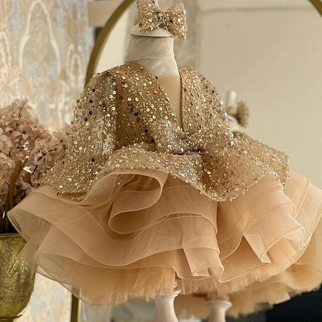 Kids Sleeve Girls' Length 3/4 Color Party Solid Dress