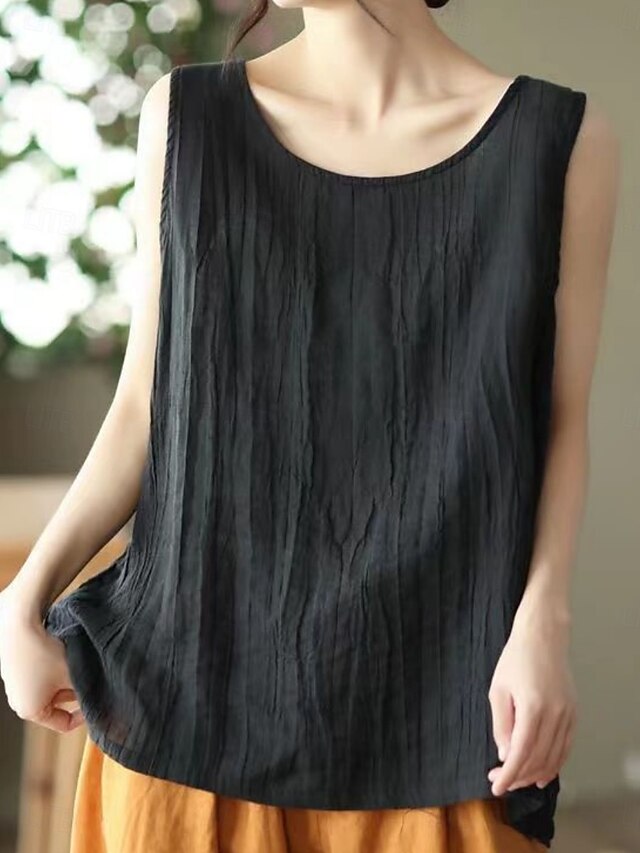 Women's Cotton Linen Shirts Camp Collar Shirt Solid Color