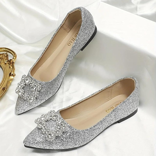 Flats Women's Glitter Rhinestone Embellished Silver with