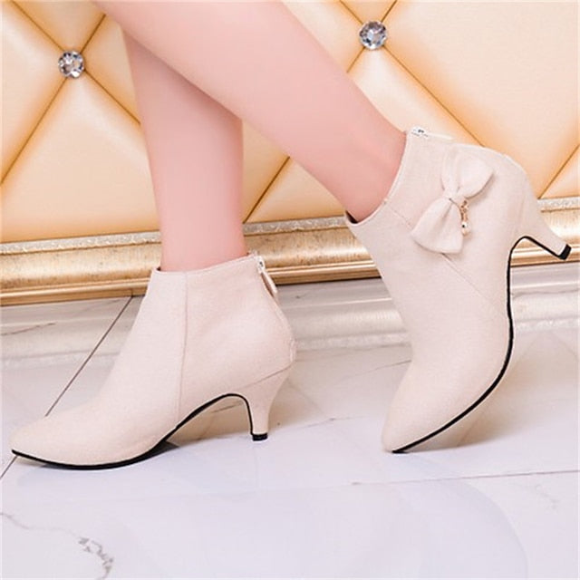 and Ankle with Boots Charm Suede Pink Women's Bow Pearl