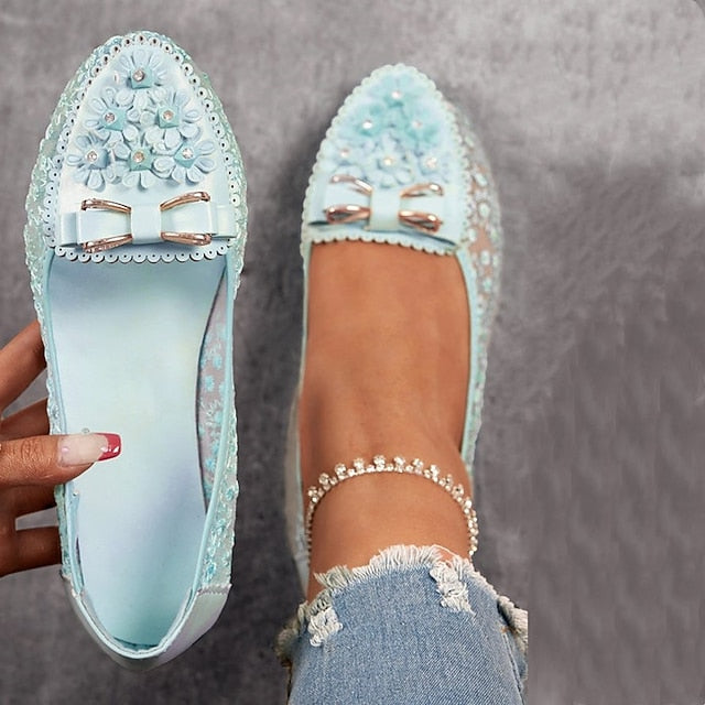 Pink Flats Floral Details - Bow with and Women's Lace