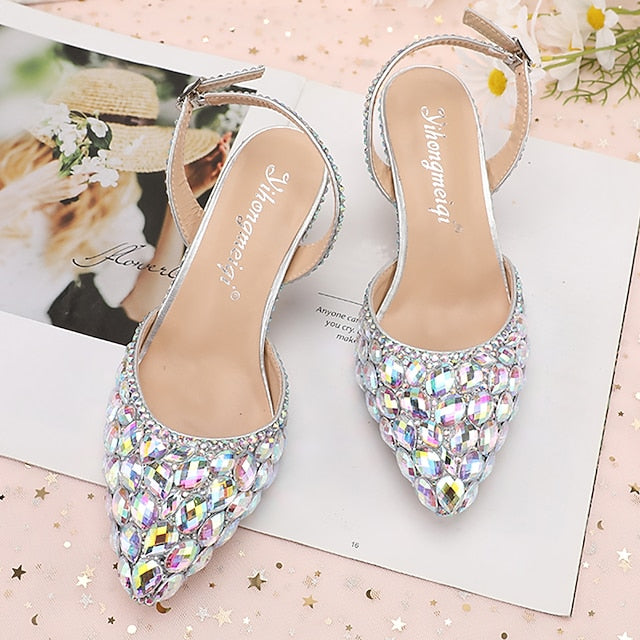 Women's Slingback Crystal Pointed-Toe Heels Rhinestone High