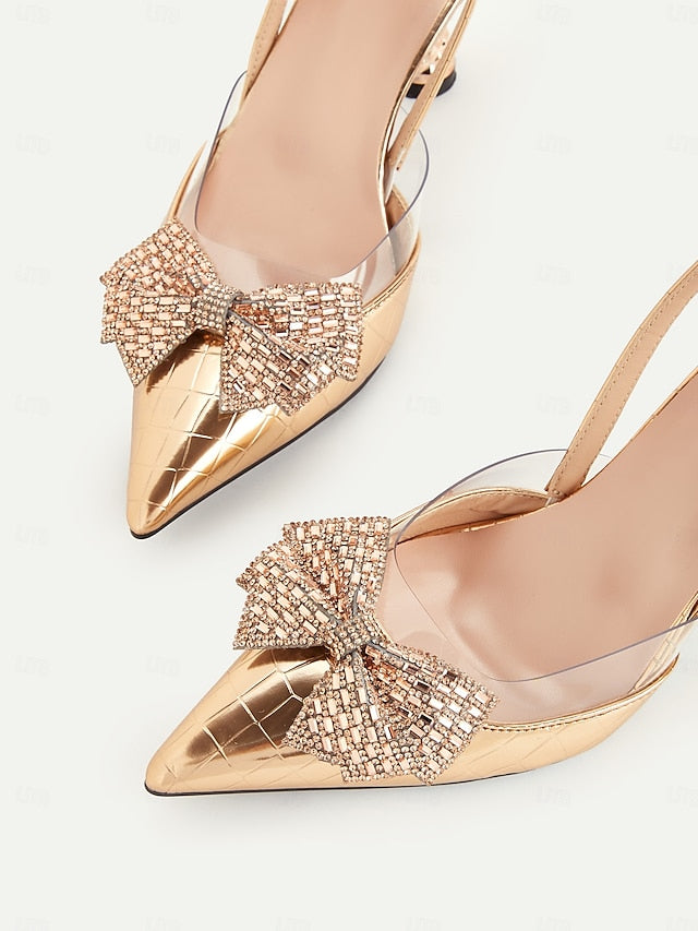 Detail Women's Slingback Gold with Bow Quilted - Heels