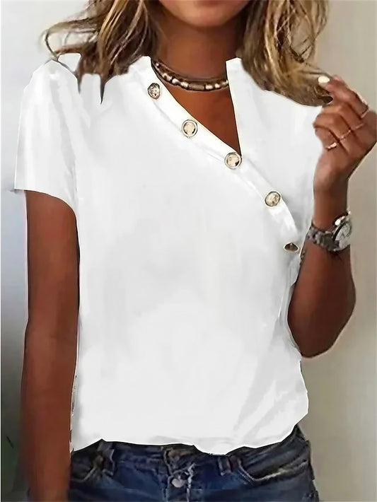 Women's T Shirt Dressy Tops Buttons Solid Color Stylish