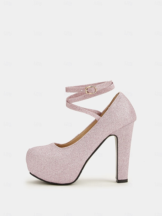 with Ankle Pink – Women's Strap Glitter Platform Heels