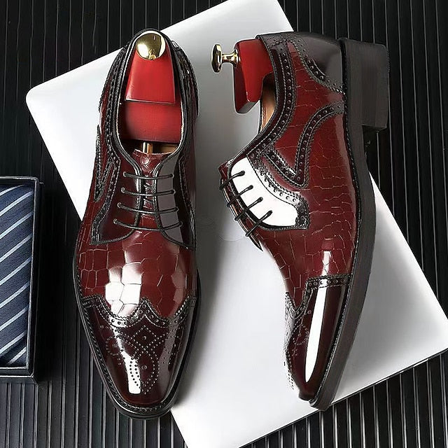 Men's Patent Shoes Burgundy Leather Brogue with Oxford