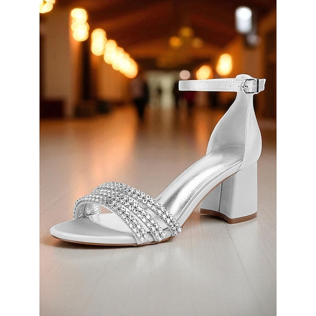 Rhinestone Heel Purple with Satin Block Sandals Women's