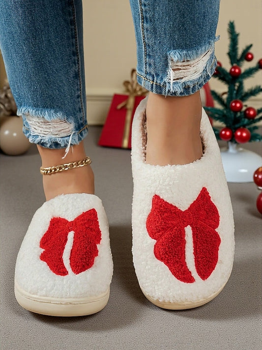 with Bowknot Slippers Soft Red and Design - White Women's