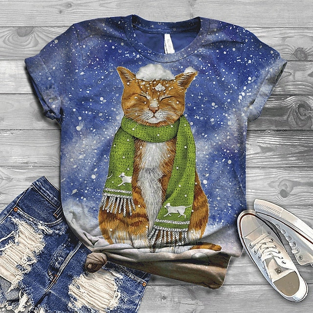 Women's T Shirt Streetwear Preppy Cat Print Short Sleeve