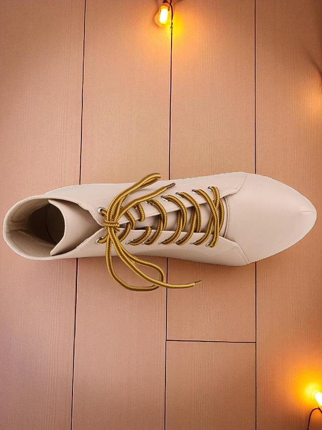 Beige Faux Lace-Up Leather Platform Women's Ankle Boots -