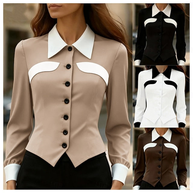 Women's Blouse Patchwork Buttons Color Block Elegant