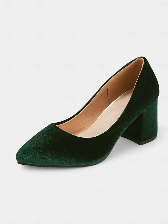 Green Toe Velvet - Elegant Pointed Heel Women's Block Pumps