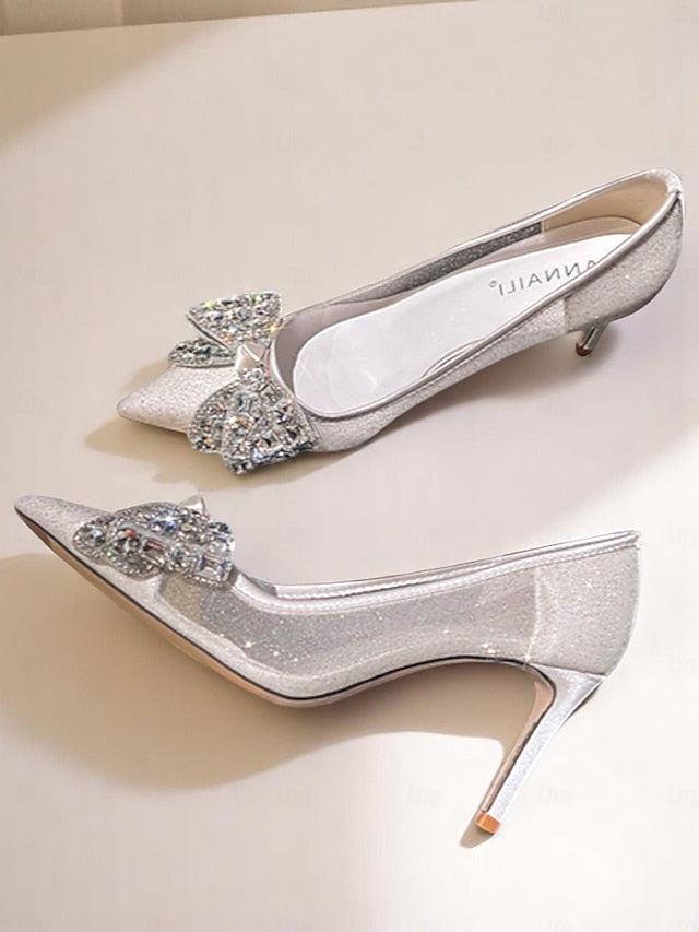 Rhinestone with Glitter Heels Women's High Bow