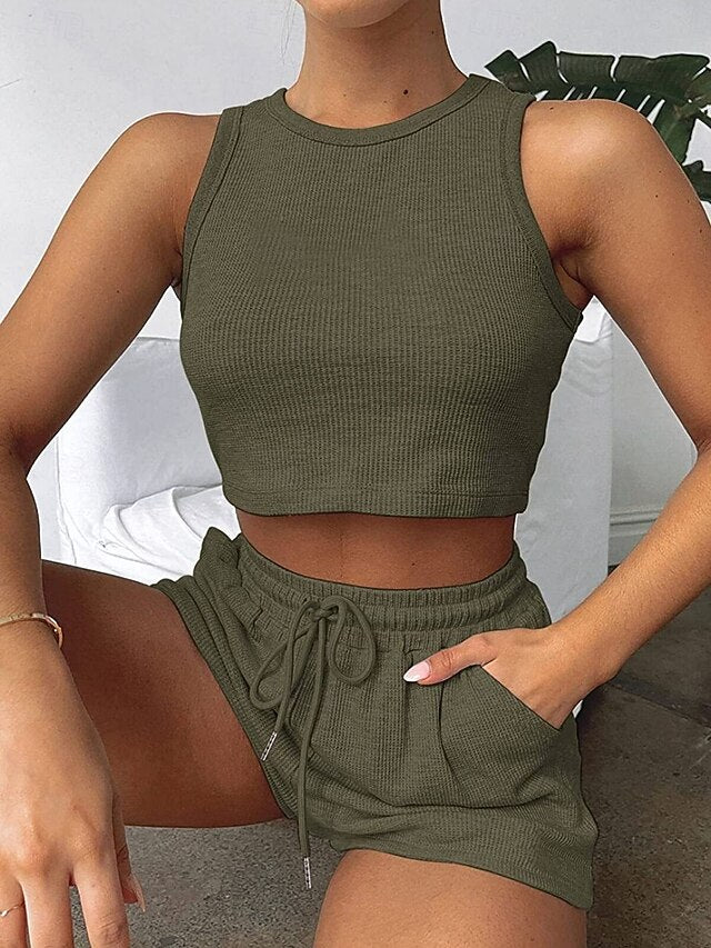 Women's Shorts Sets Sleeveless Crew Neck Solid Color