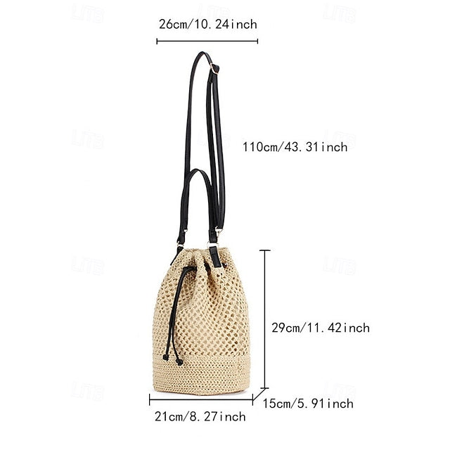 - Drawstring Summer Bucket Bag Woven Women’s Stylish with Tote