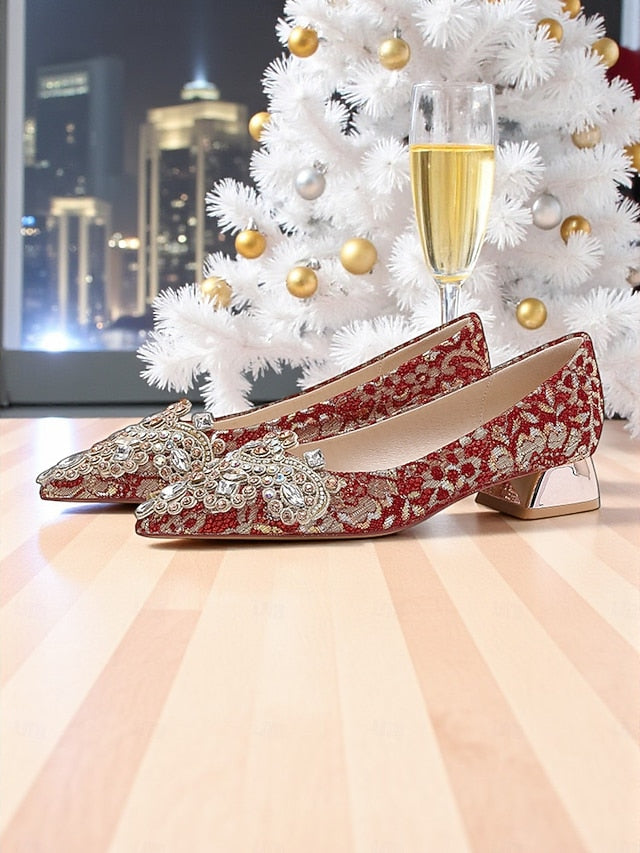 Women's Red Pointed-Toe Flats Rhinestone Embellished