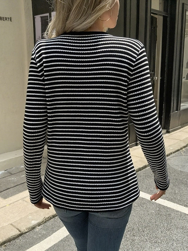 Women's Striped Knit Tops Tee Buttons Stylish Classic