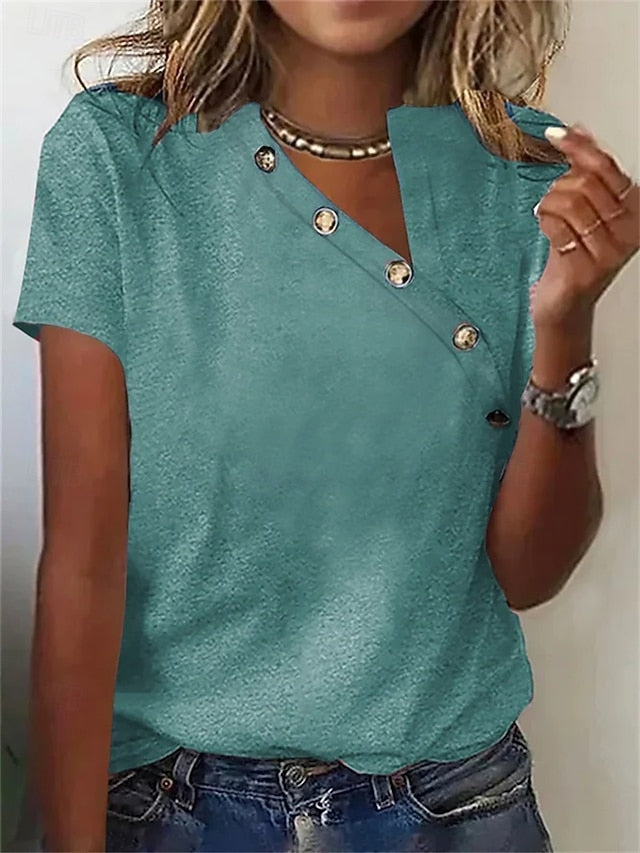 Women's T Shirt Dressy Tops Buttons Solid Color Stylish