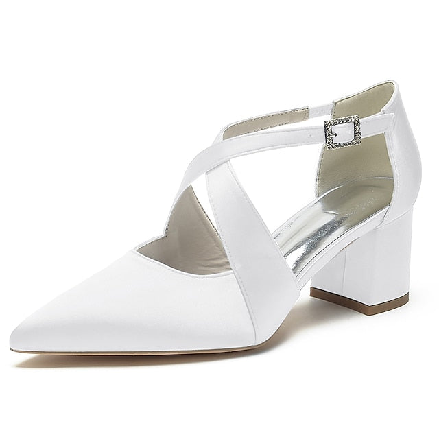 – Elegant White Block Pointed Heels Women's Satin Toe